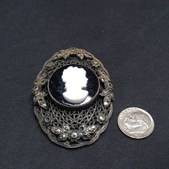 Vintage Antique Glass Cameo Marcasite Brooch, Oval Filigree Back, 2 1/2 Inches - Picture 7 of 10